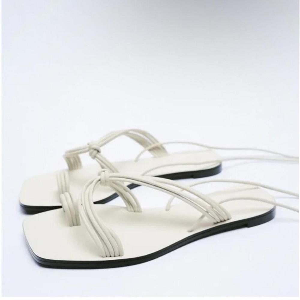 Zara White Strappy Tie Ankle Sandals Size 8
